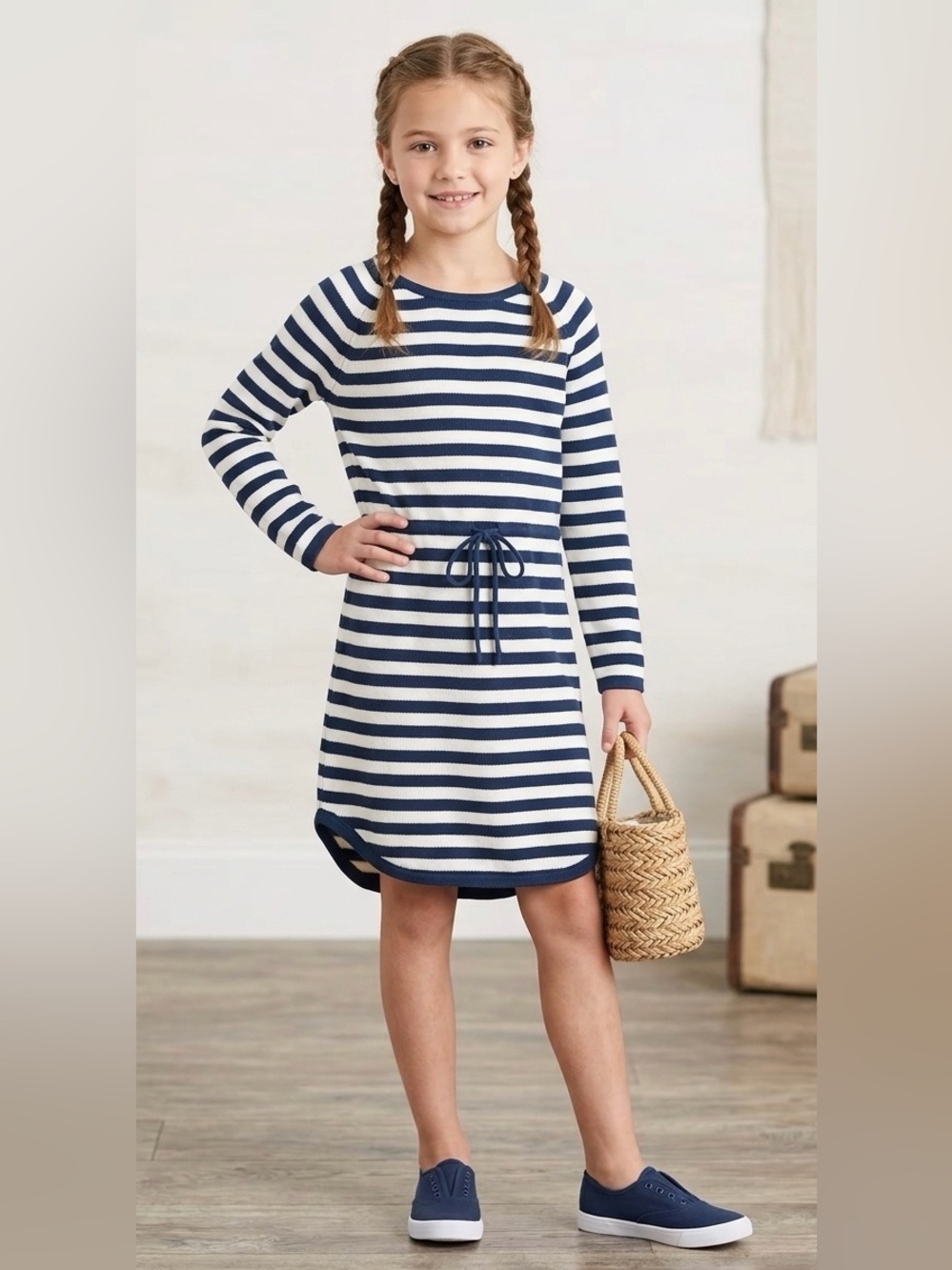 bella bliss Girls Navy Blue & White Striped Knit Drawstring Dress Size 8
